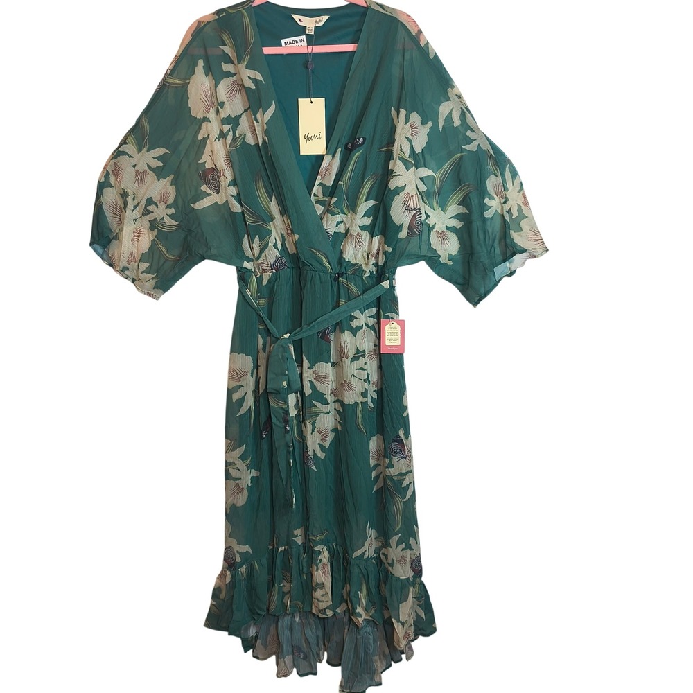 Yumi Green Floral Butterfly Print Midi Dress High Low Ruffle Hem Size 14 NWT